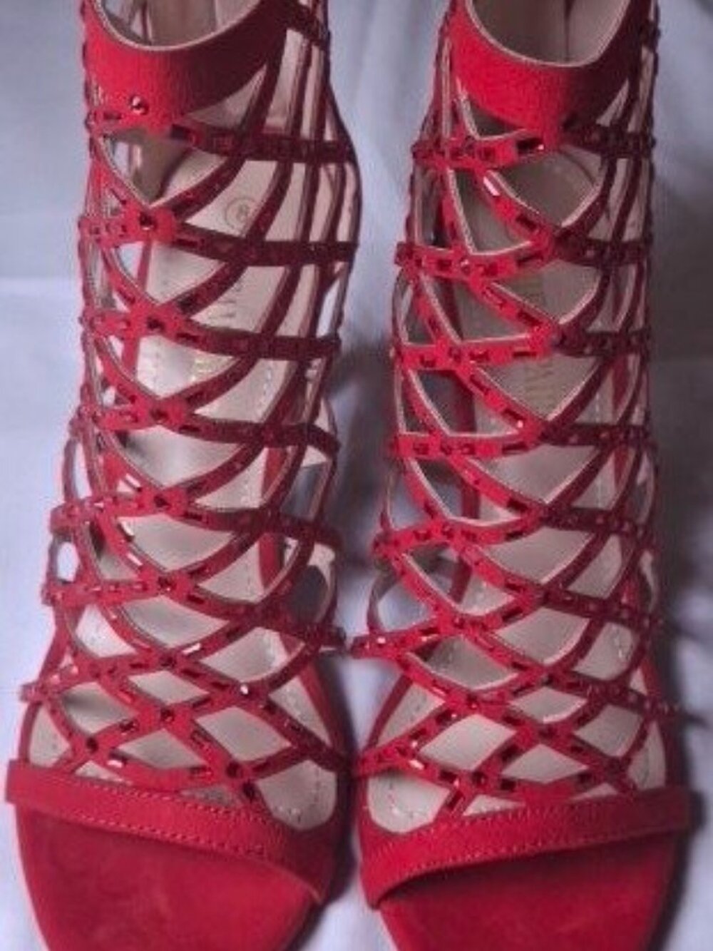 Red Strappy High Heel Sandals Size 8 Open Toe Zipper Back
